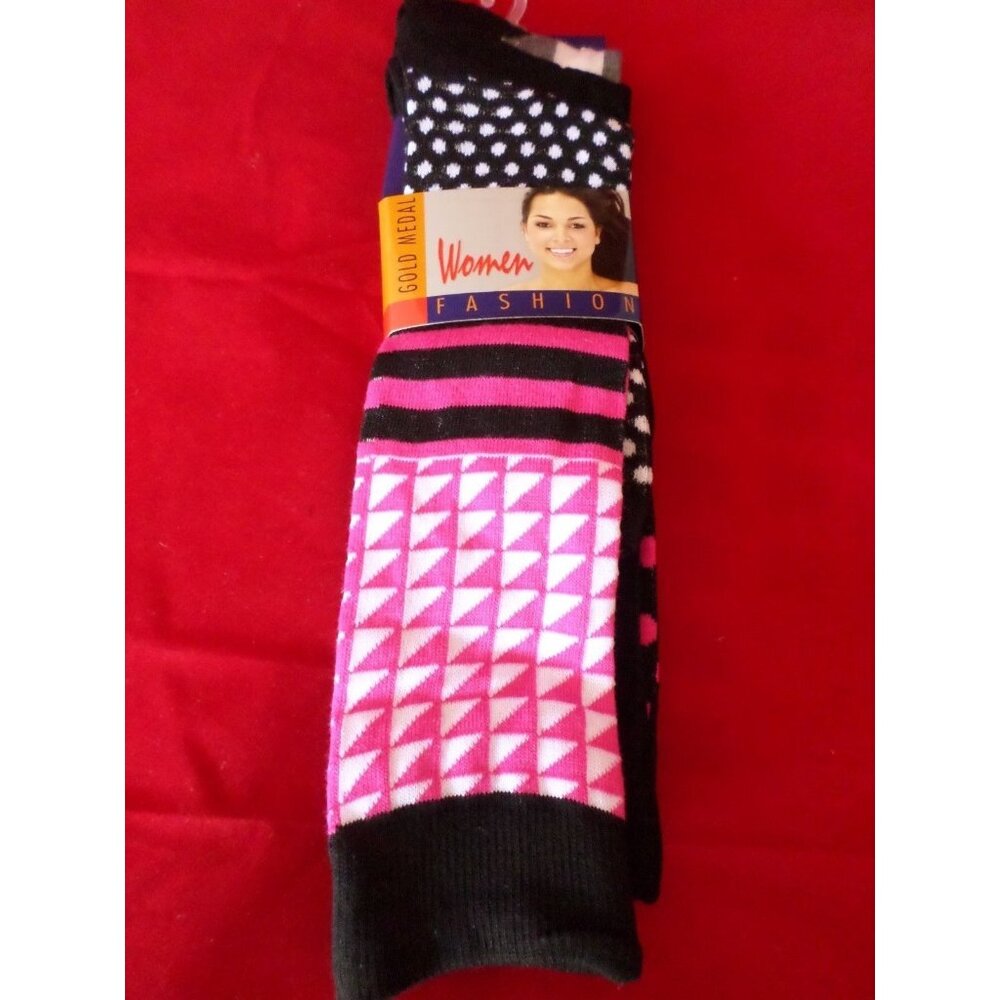3 Pair Womens Medium Gold Medal Knee High Socks Soft Durable Polka Dots 9-11